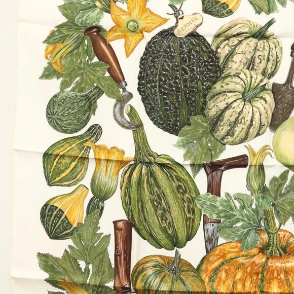 HERMES Carre 90 Scarf ""CITROUILLES ET COLOQUINTES"" Silk Green Auth BA4791 - Picture 1 of 12